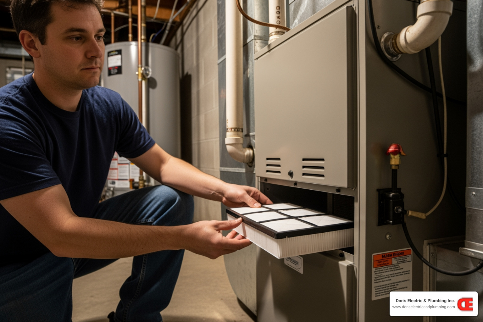 image of a homeowner changing a furnace air filter - licensed furnace repair broadalbin image of a homeowner changing a furnace air filter - licensed furnace repair broadalbin