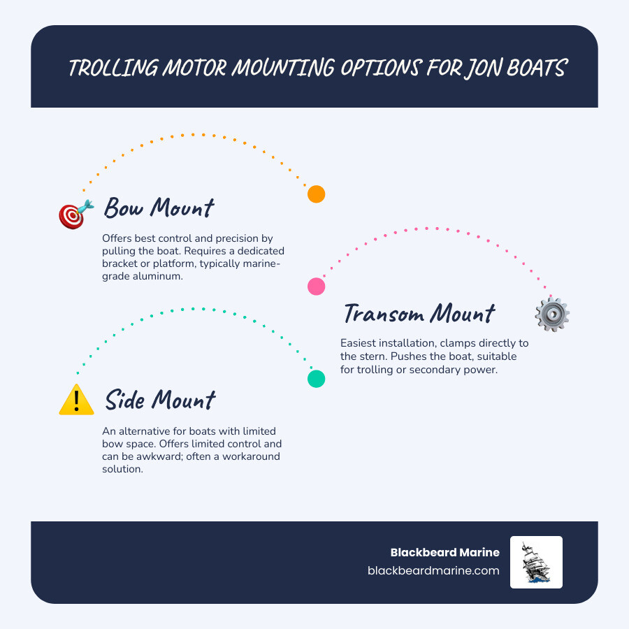 Infographic showing three jon boat diagrams side by side: first boat with bow-mounted trolling motor labeled "Bow Mount - Best Control & Precision," second boat with transom-mounted motor labeled "Transom Mount - Easiest Installation," and third boat with side-mounted motor labeled "Side Mount - Alternative Solution." Each diagram includes arrows showing water flow direction and key specifications: Bow Mount requires bracket/platform and marine aluminum construction; Transom Mount uses standard clamp installation; Side Mount notes limited control but solves bow clearance issues. Bottom section lists universal requirements: stainless steel hardware, 1/4 inch mounting bolts, and compatibility with major brands MinnKota, MotorGuide, Lowrance, Garmin - trolling motor mount for jon boat infographic infographic-line-3-steps-blues-accent_colors Infographic showing three jon boat diagrams side by side: first boat with bow-mounted trolling motor labeled "Bow Mount - Best Control & Precision," second boat with transom-mounted motor labeled "Transom Mount - Easiest Installation," and third boat with side-mounted motor labeled "Side Mount - Alternative Solution." Each diagram includes arrows showing water flow direction and key specifications: Bow Mount requires bracket/platform and marine aluminum construction; Transom Mount uses standard clamp installation; Side Mount notes limited control but solves bow clearance issues. Bottom section lists universal requirements: stainless steel hardware, 1/4 inch mounting bolts, and compatibility with major brands MinnKota, MotorGuide, Lowrance, Garmin - trolling motor mount for jon boat infographic infographic-line-3-steps-blues-accent_colors