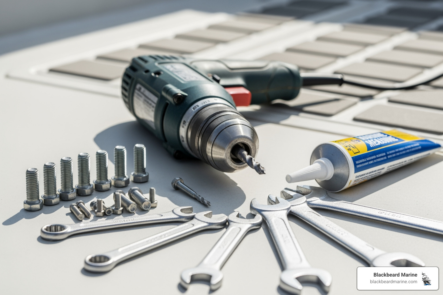 tools and hardware laid out for installation (drill, stainless steel bolts, sealant, wrenches) - trolling motor mount for jon boat tools and hardware laid out for installation (drill, stainless steel bolts, sealant, wrenches) - trolling motor mount for jon boat