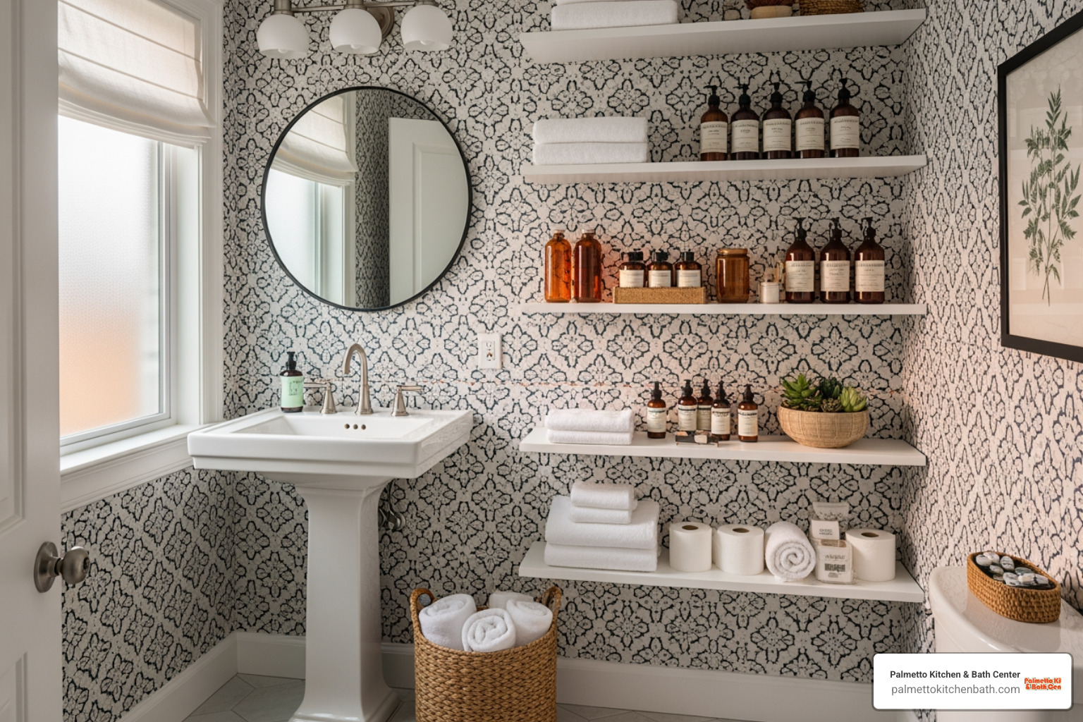 guest bathroom with unique wallpaper and well-stocked open shelving - guest bathroom renovation guest bathroom with unique wallpaper and well-stocked open shelving - guest bathroom renovation