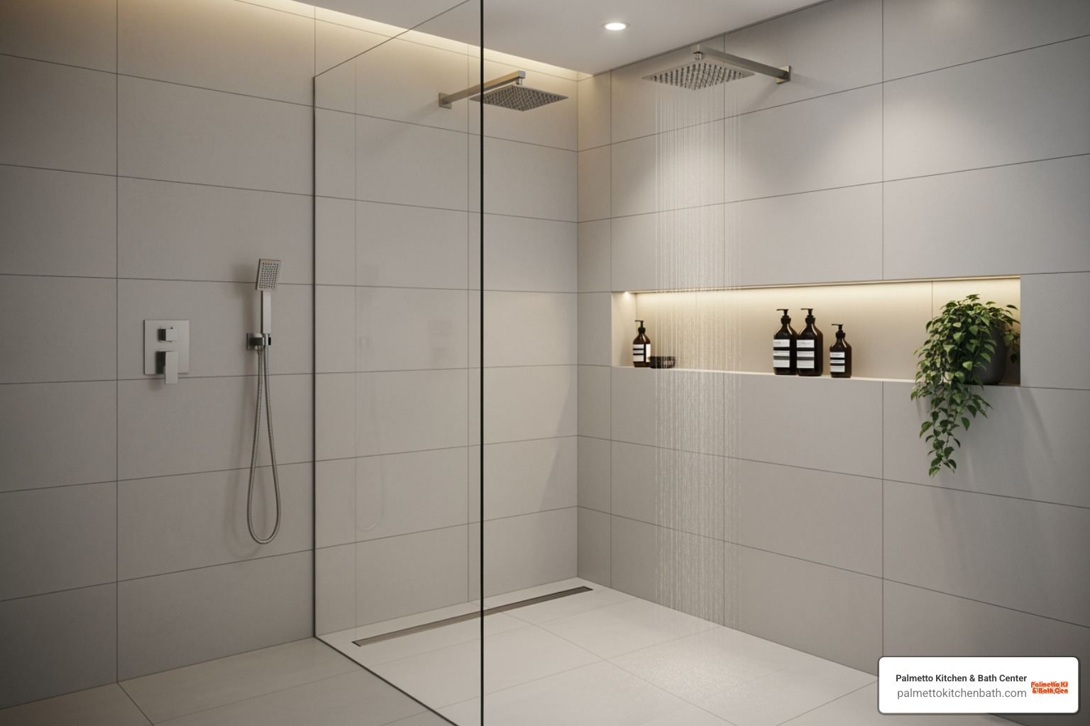 modern walk-in shower with a niche and rainfall showerhead - guest bathroom renovation modern walk-in shower with a niche and rainfall showerhead - guest bathroom renovation