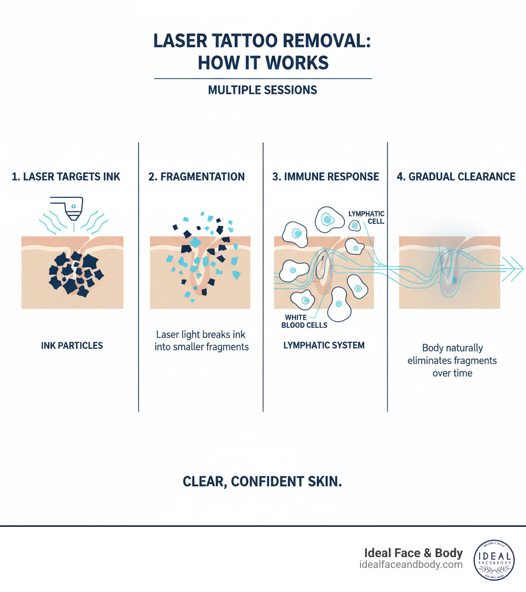 Infographic showing how laser tattoo removal works: laser light targets ink particles in the dermis layer of skin, breaking them into smaller fragments that the body's immune system gradually removes through the lymphatic system over multiple treatment sessions - removal of unwanted tattoos infographic 