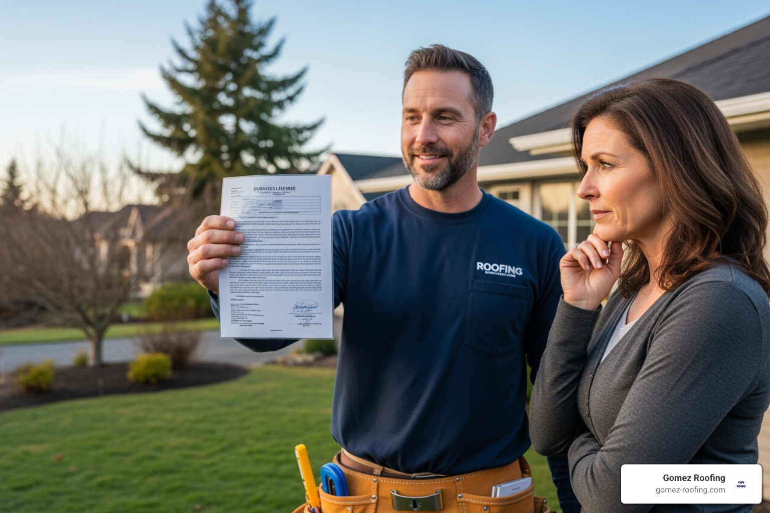 contractor showing license to homeowner - local metal roof contractors
