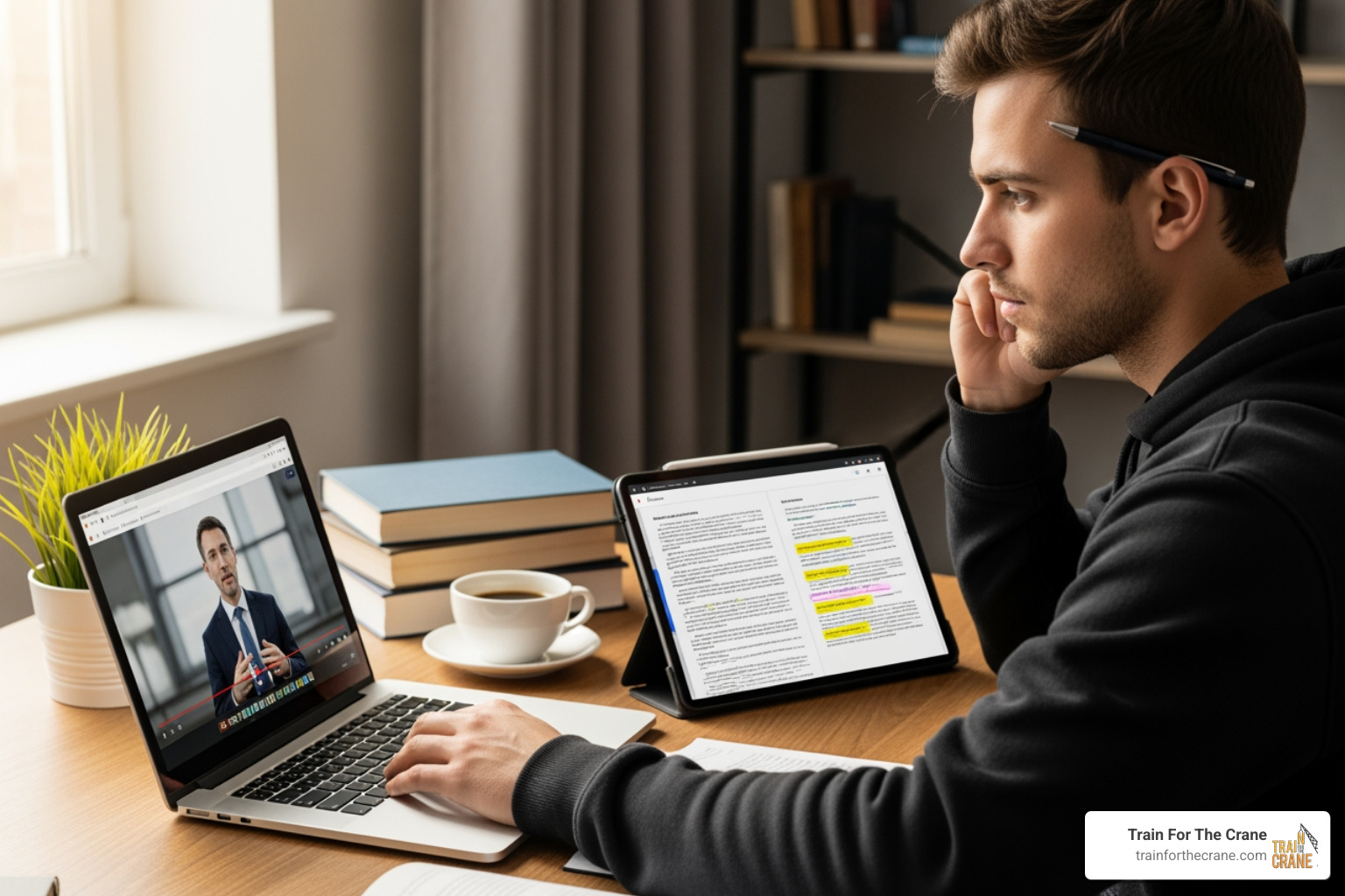 student using a laptop and tablet for an online crane course - Crane operator certification online
