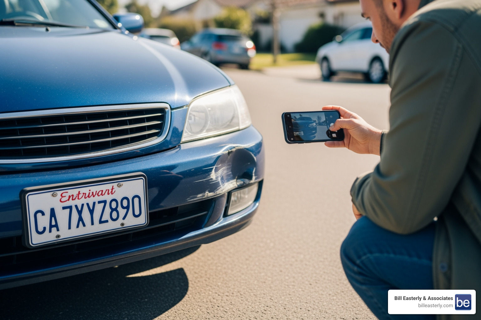 Driver photographing vehicle damage and license plate - nashville car accident lawyer Driver photographing vehicle damage and license plate - nashville car accident lawyer