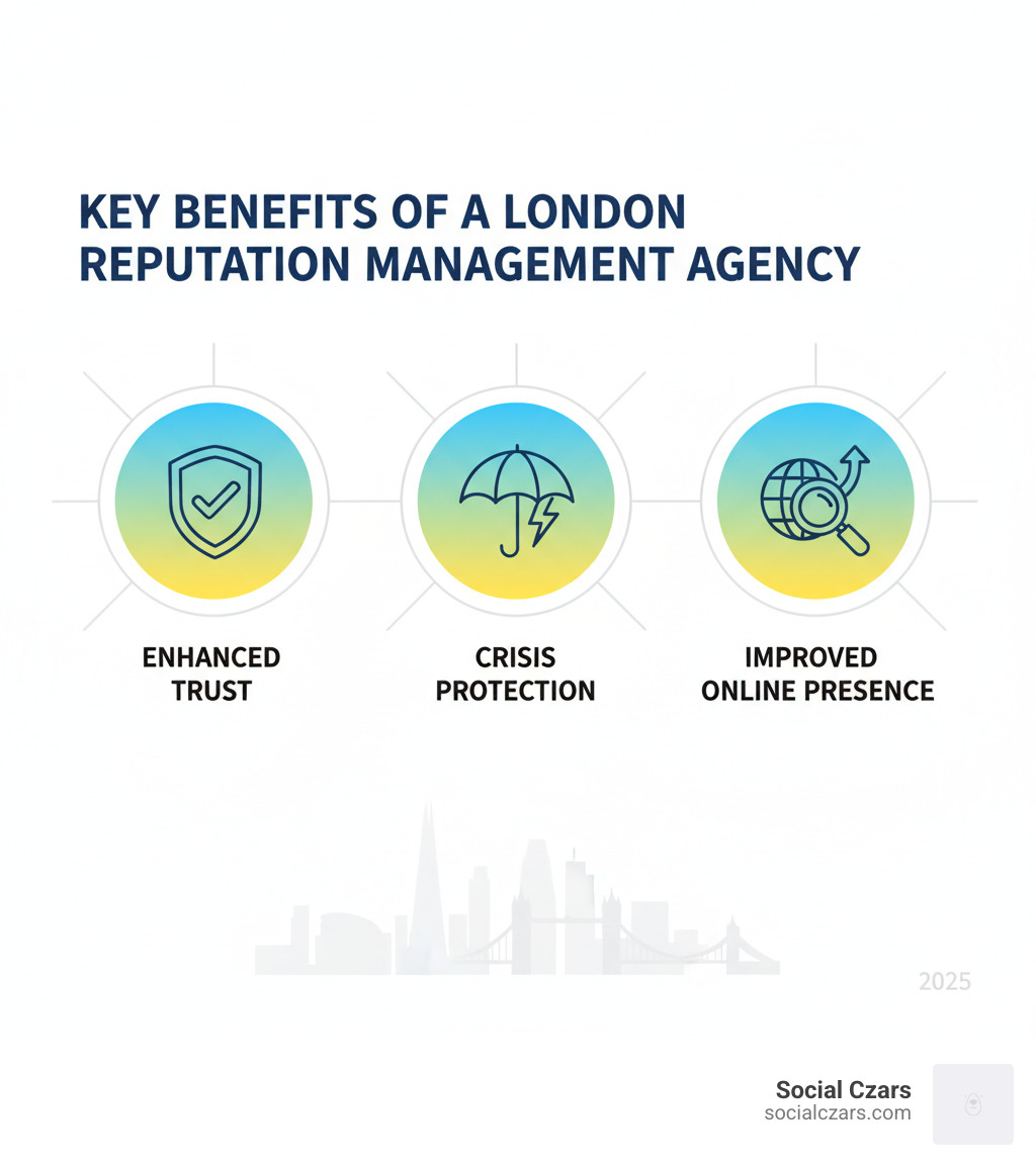 Infographic: Key Benefits of a London Reputation Management Agency including enhanced trust, crisis protection, and improved online presence - reputation management agency london infographic 
