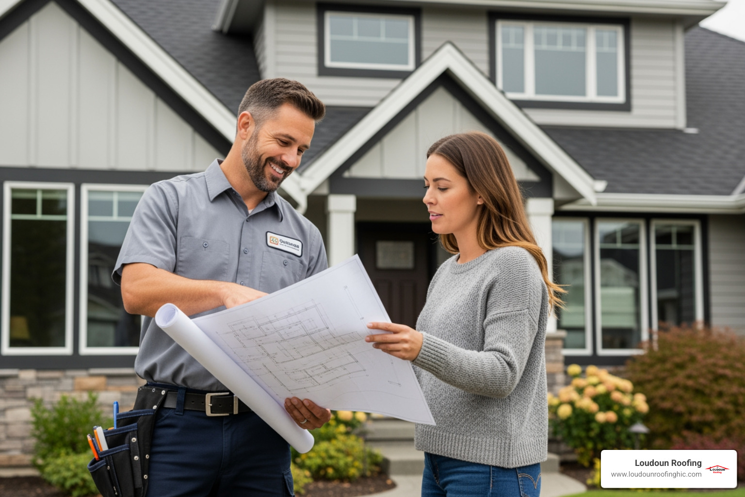 friendly contractor discussing plans with homeowner - Roofing contractor Leesburg