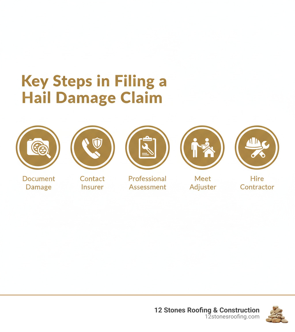 infographic with text "Key Steps in Filing a Hail Damage Claim" and icons for "Document Damage," "Contact Insurer," "Professional Assessment," "Meet Adjuster," "Hire Contractor" - hail damaged metal roof infographic 