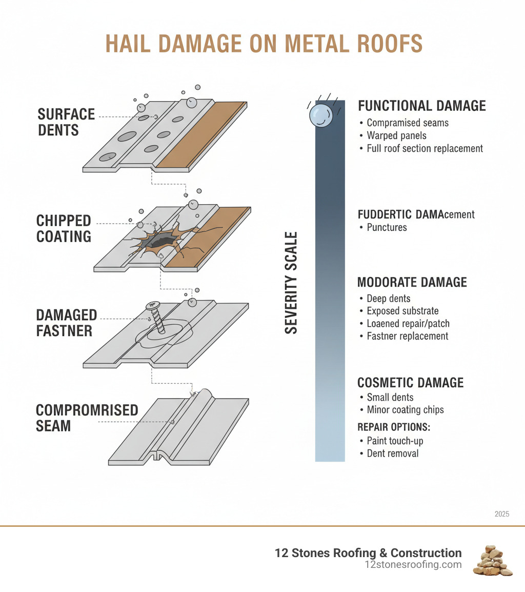 Infographic showing cross-section of metal roof panel with labeled hail damage types: surface dents, chipped coating exposing metal substrate, damaged fastener, and compromised seam; alongside severity scale from cosmetic to functional damage with corresponding repair options - hail damaged metal roof infographic 