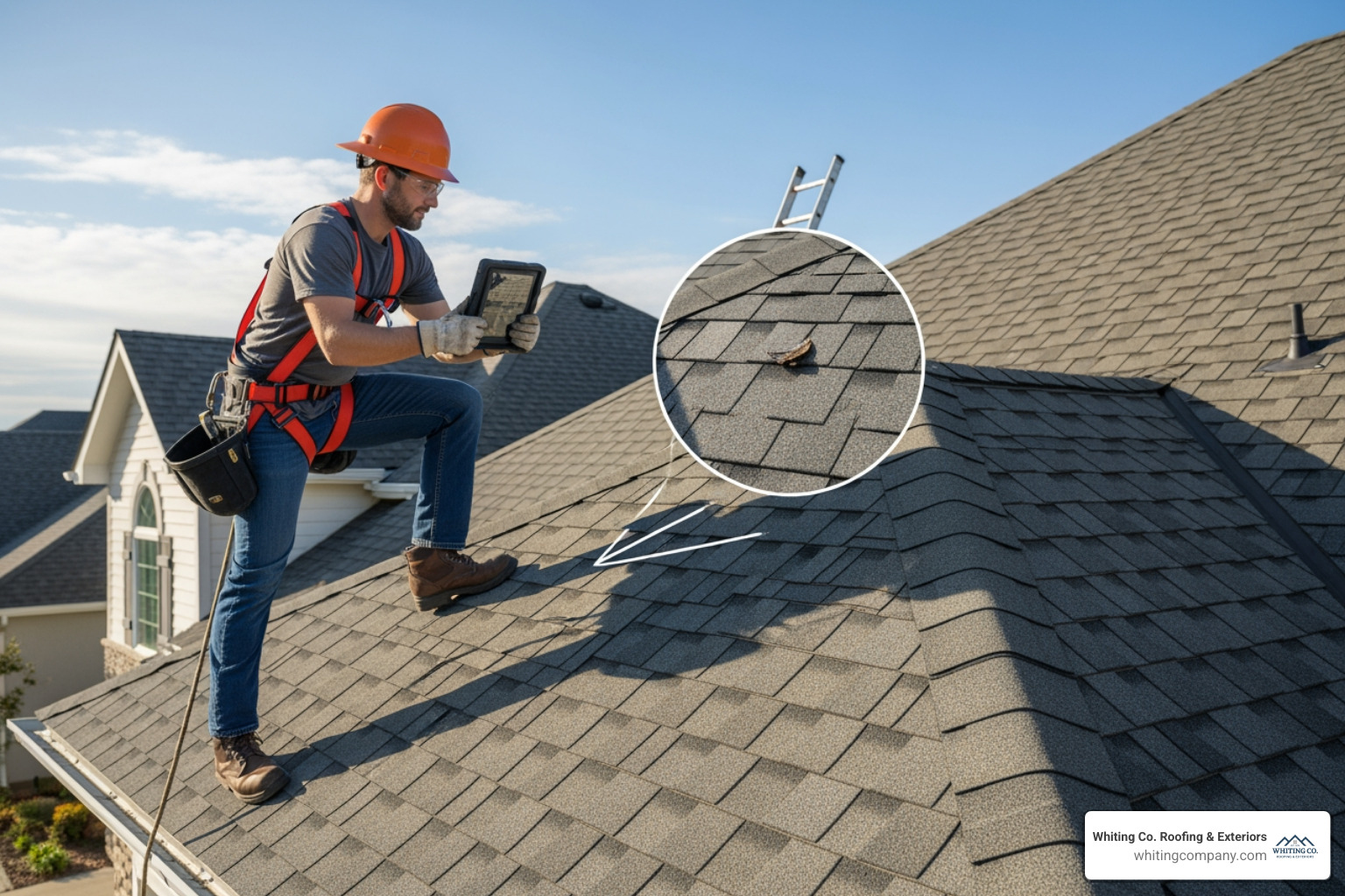 certified roofer inspecting a roof with professional equipment - Quality roofing services