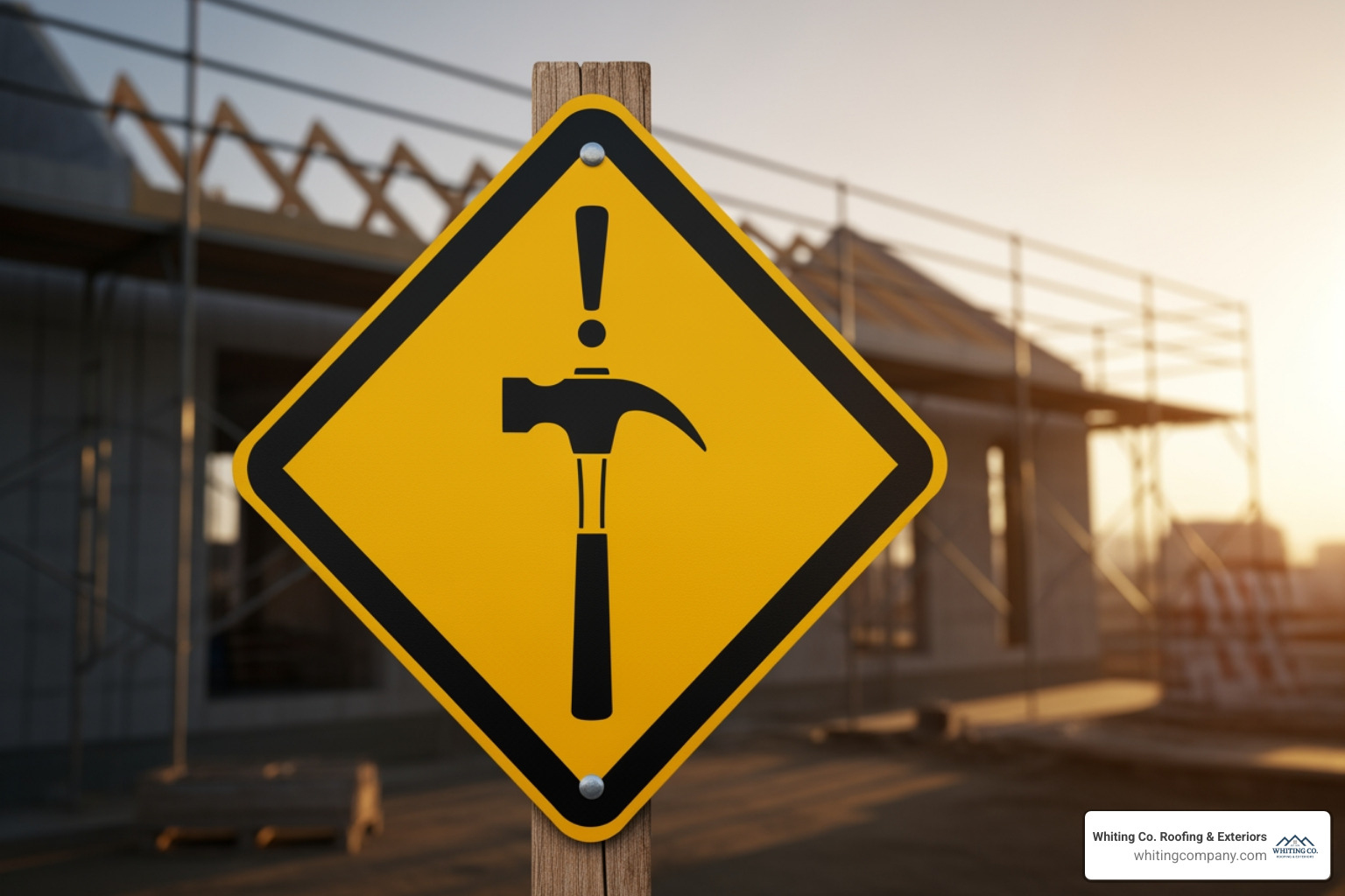 warning sign with a roofing hammer icon - Quality roofing services