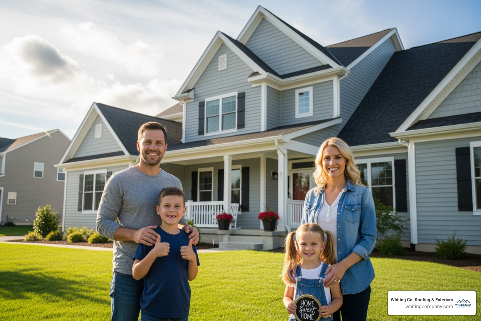 happy family standing in front of their home with a new, high-quality roof - Quality roofing services
