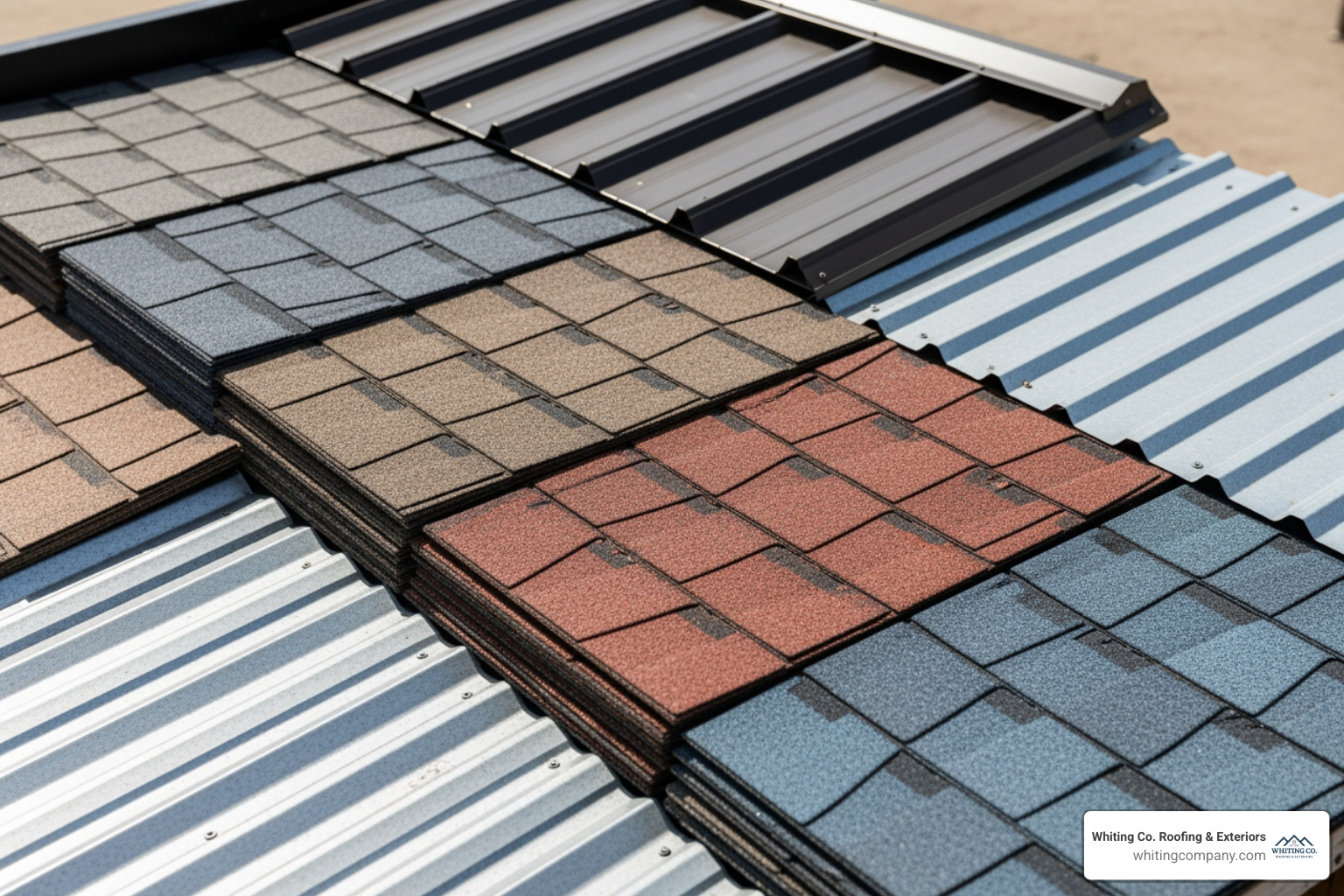 samples of different roofing materials like asphalt shingles and metal panels - Quality roofing services