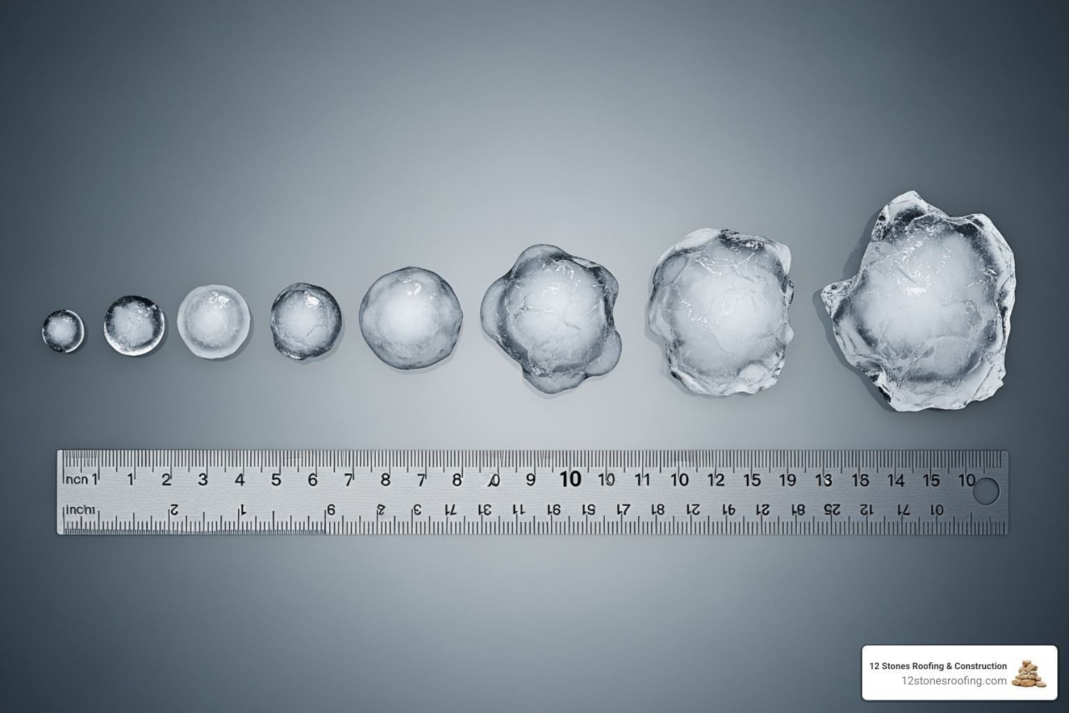 Image of different sized hailstones, from pea-sized to golf ball-sized, next to a ruler for scale. - hail damaged metal roof