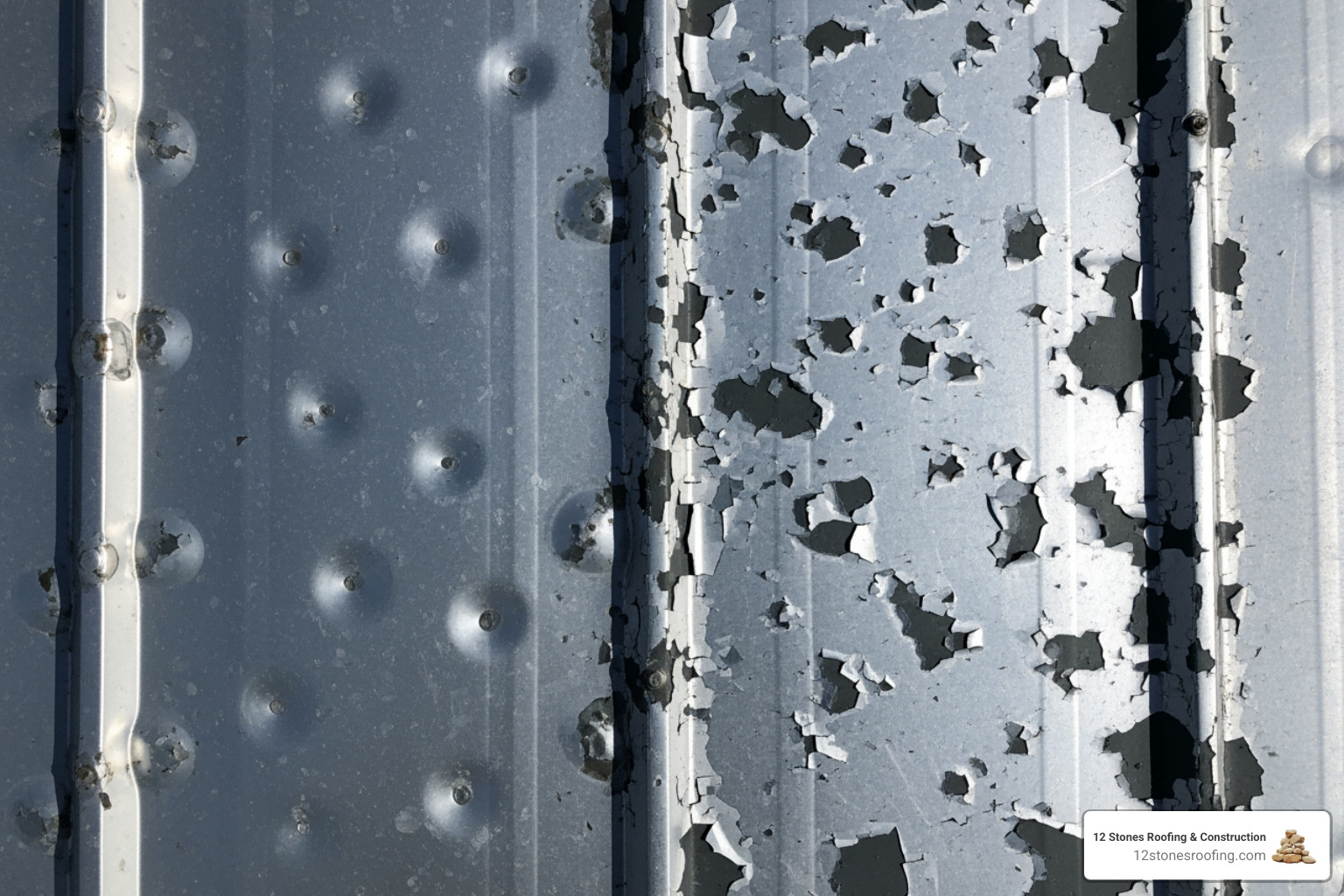 close-up of a metal panel showing small, uniform dents and another showing chipped paint coating. - hail damaged metal roof