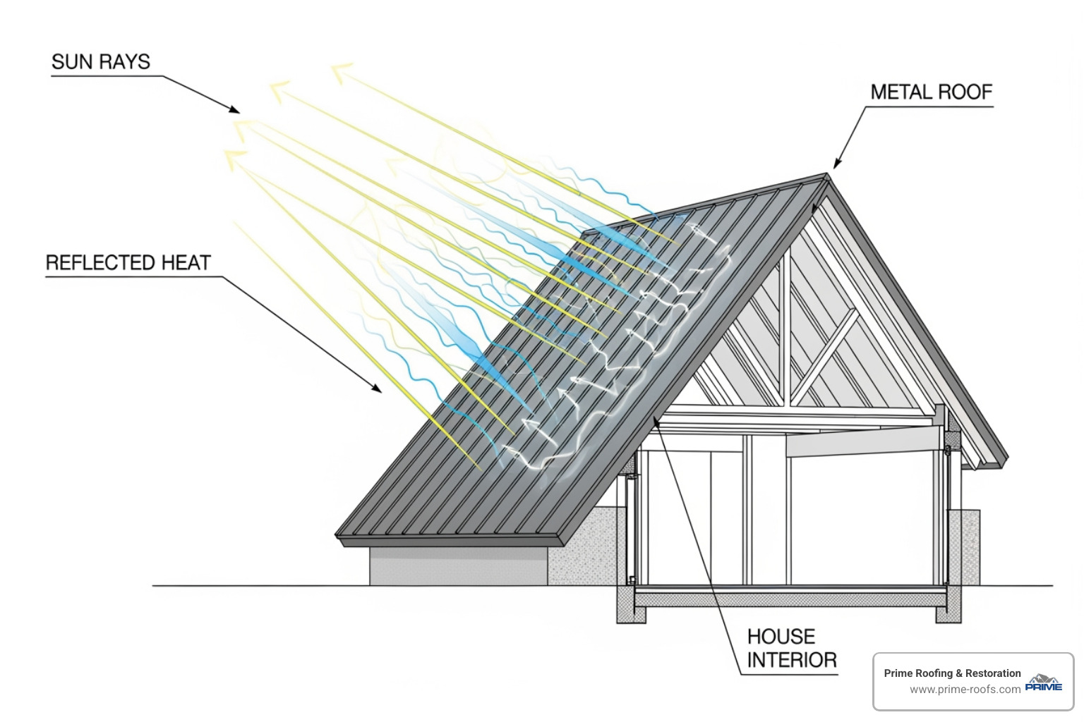diagram showing sun rays reflecting off a cool metal roof - metal roof Gulf Shores diagram showing sun rays reflecting off a cool metal roof - metal roof Gulf Shores