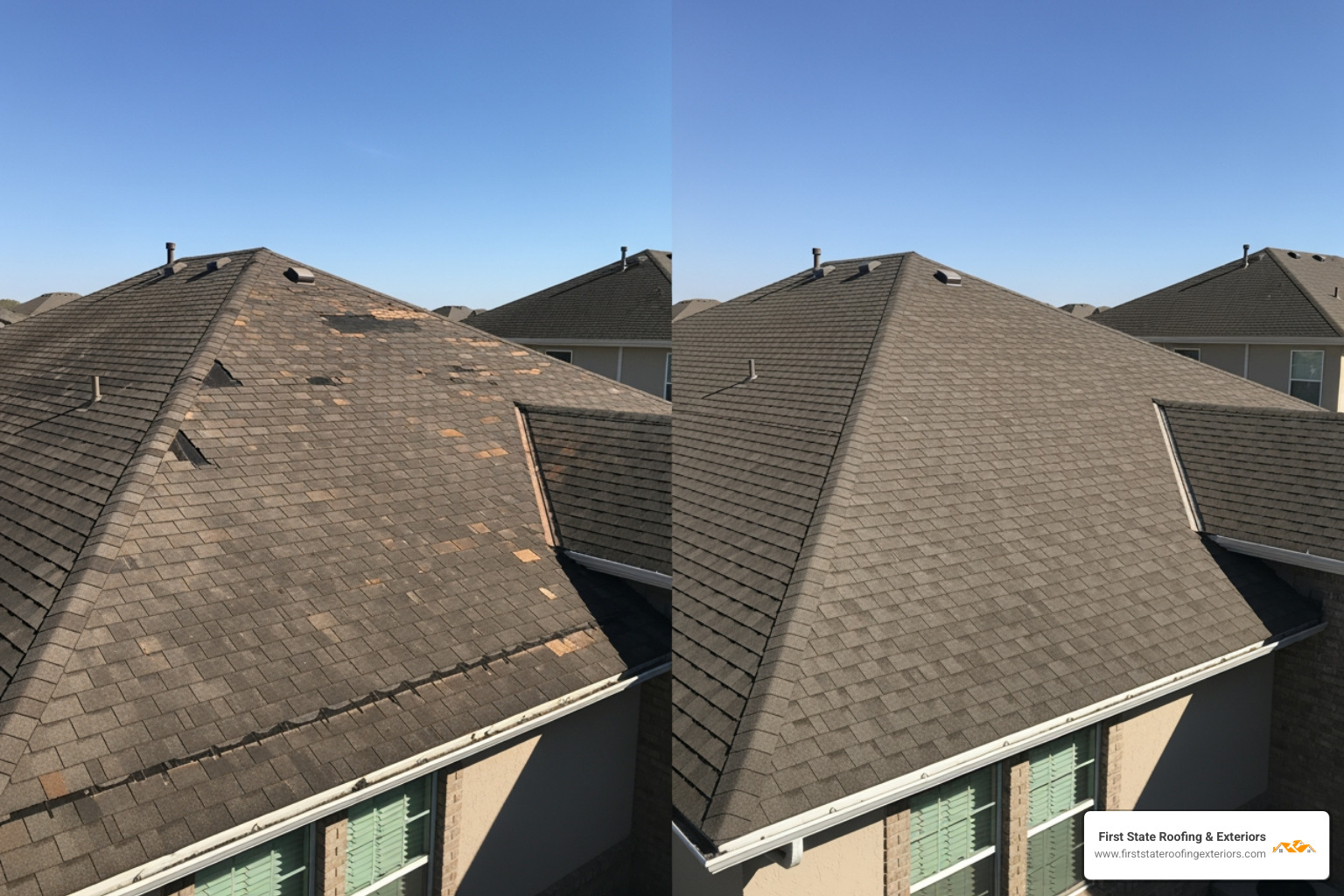comparing a patched, older roof to a newly replaced roof - roof repair dover