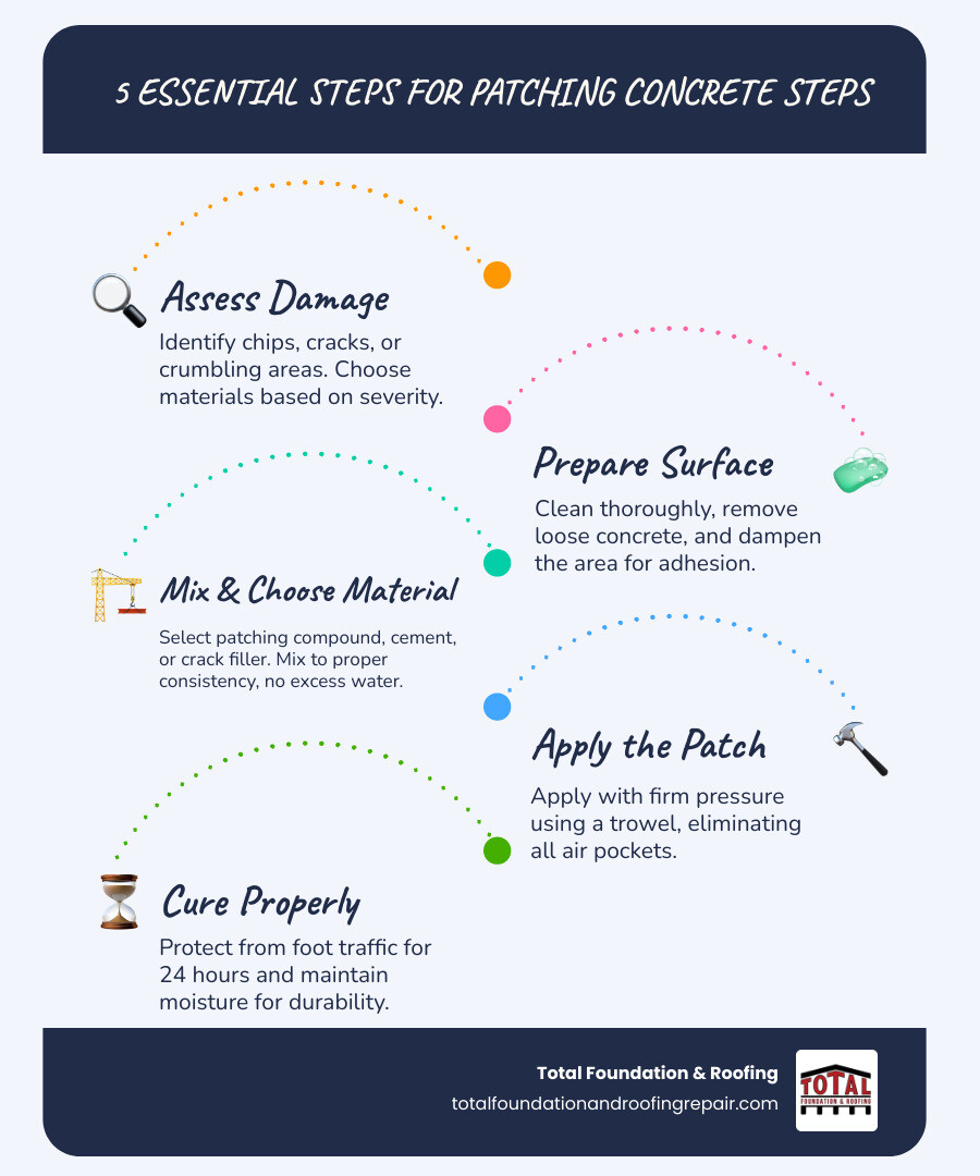 Infographic showing the 5 essential steps for patching concrete steps: Step 1 - Assess damage and choose materials based on severity (chips, cracks, or structural damage). Step 2 - Prepare surface by cleaning, removing loose concrete, and dampening. Step 3 - Mix repair material to proper consistency without excess water. Step 4 - Apply patch with firm pressure using trowel, eliminating air pockets. Step 5 - Cure for 24 hours, protecting from traffic and maintaining moisture. - patching concrete steps infographic infographic-line-5-steps-blues-accent_colors