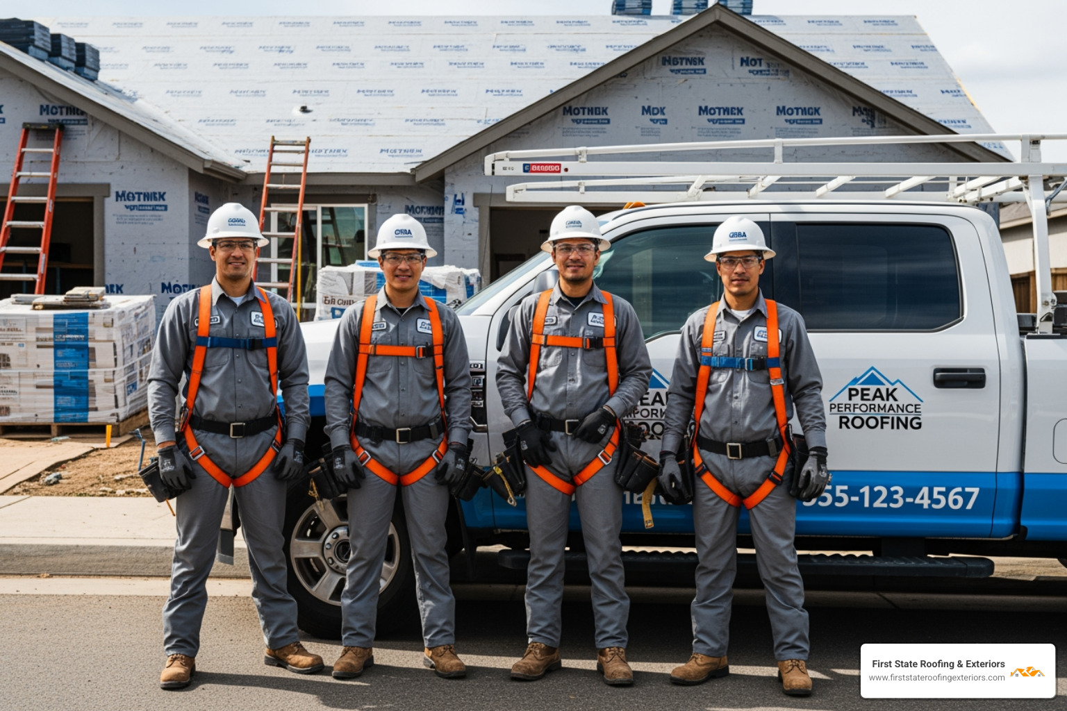 professional roofing team in uniform with OSHA safety harnesses and their company truck - roof repair dover