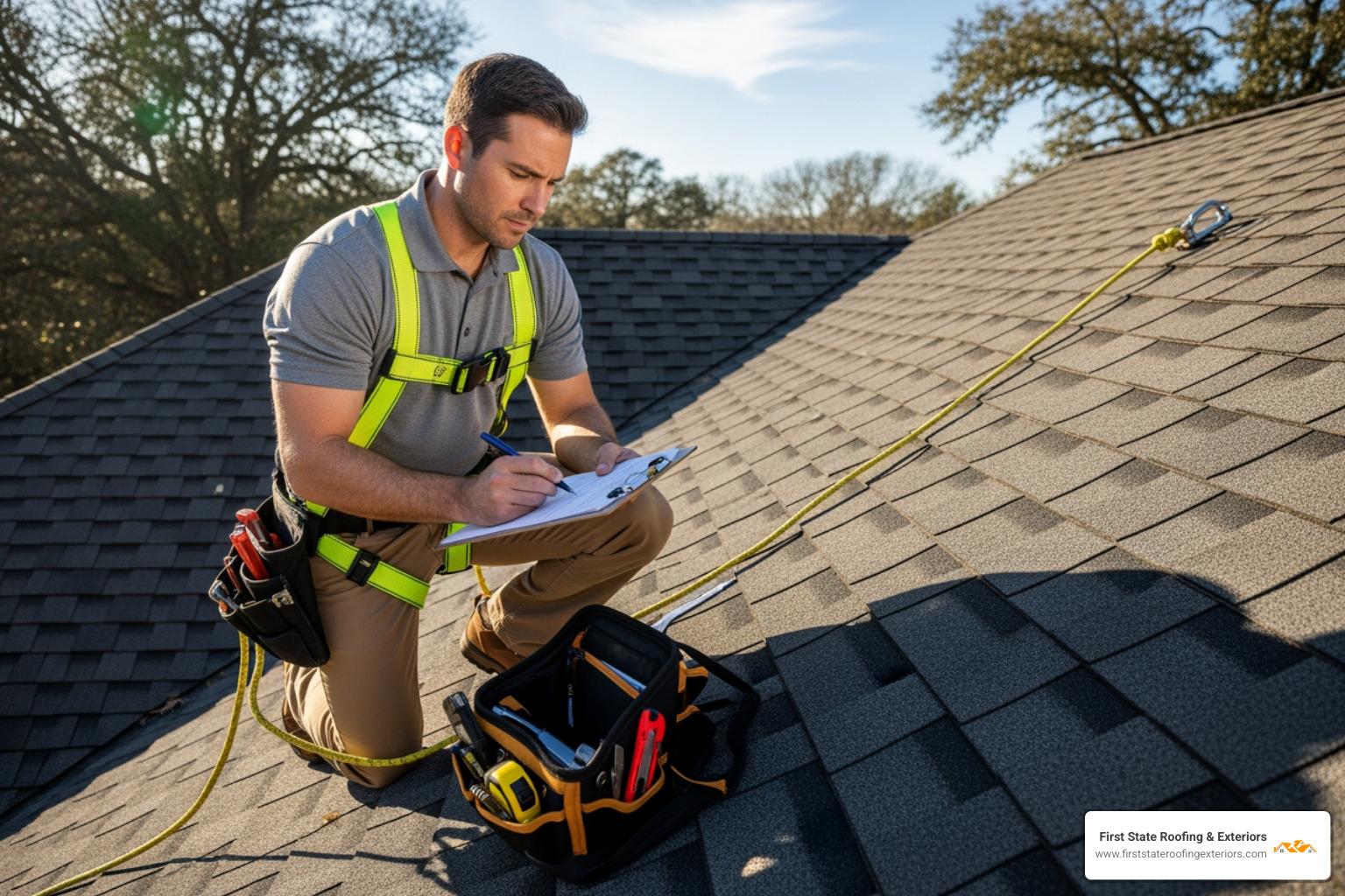 roofing contractor inspecting a roof and taking notes for an estimate with OSHA safety harness - roof repair dover