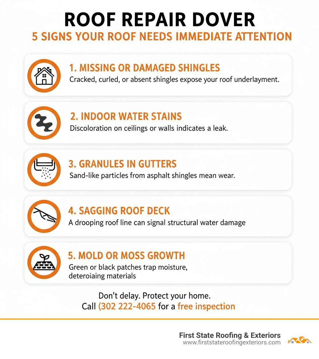 infographic explaining the top 5 signs a roof needs immediate attention - roof repair dover infographic 