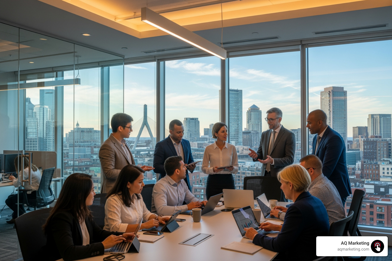 Business professionals collaborating in a modern office, perhaps with a view of Boston - social media agency Boston Business professionals collaborating in a modern office, perhaps with a view of Boston - social media agency Boston
