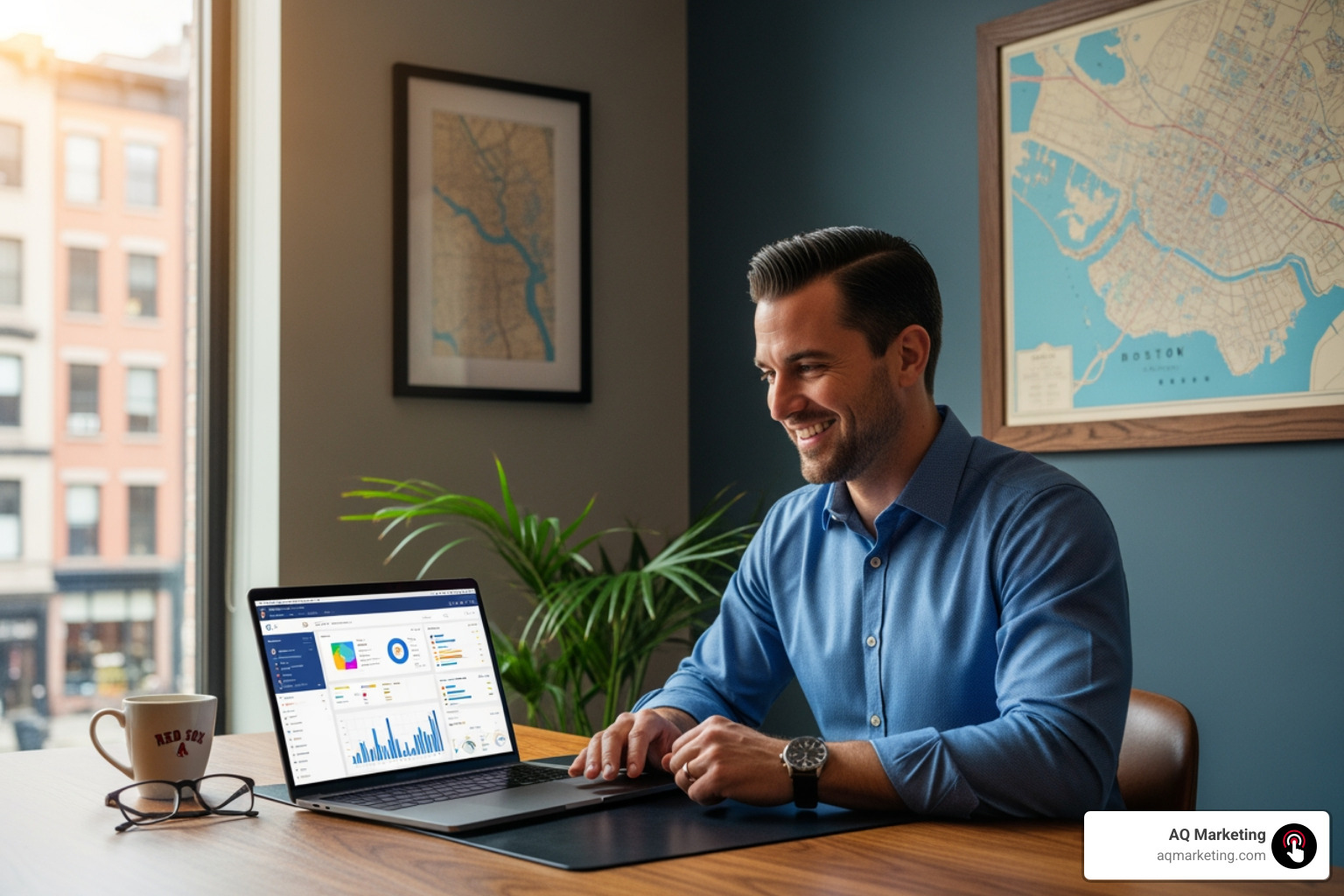 A local Boston business owner smiling while looking at a laptop with social media analytics - social media agency Boston A local Boston business owner smiling while looking at a laptop with social media analytics - social media agency Boston
