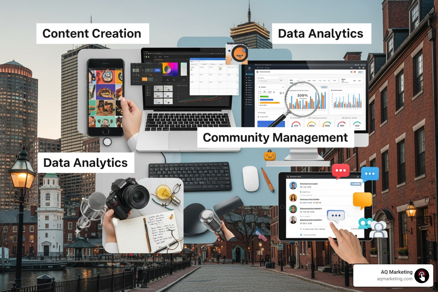 Collage representing various social media services like content creation, analytics, and community management with a Boston backdrop - social media agency Boston Collage representing various social media services like content creation, analytics, and community management with a Boston backdrop - social media agency Boston