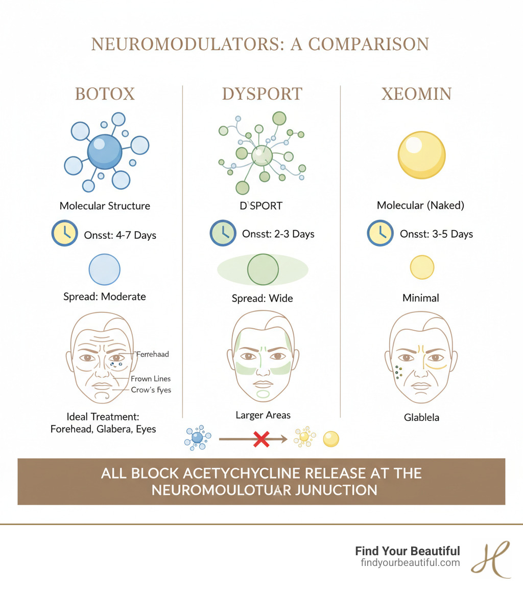 Infographic comparing Botox, Dysport, and Xeomin showing how all three block acetylcholine release at the neuromuscular junction, with side-by-side illustrations of their molecular structure differences, onset times, spread patterns, and ideal treatment areas for each product - botox vs dysport vs xeomin infographic 