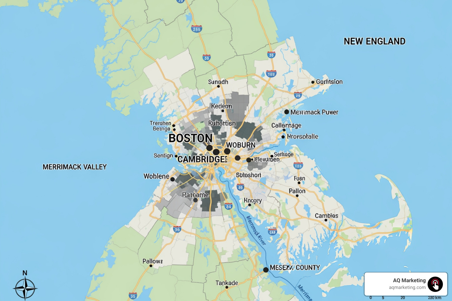 Map of Boston and surrounding areas highlighting local business districts like Woburn, Merrimack Valley, and Essex County - social media agency Boston Map of Boston and surrounding areas highlighting local business districts like Woburn, Merrimack Valley, and Essex County - social media agency Boston