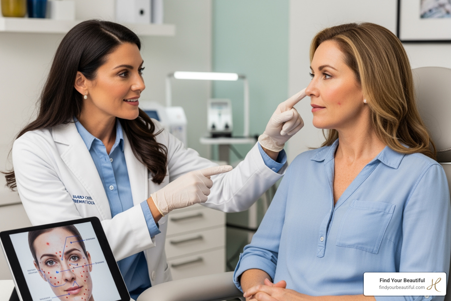 board-certified practitioner in a consultation with a patient, pointing to areas on the face - botox vs dysport vs xeomin
