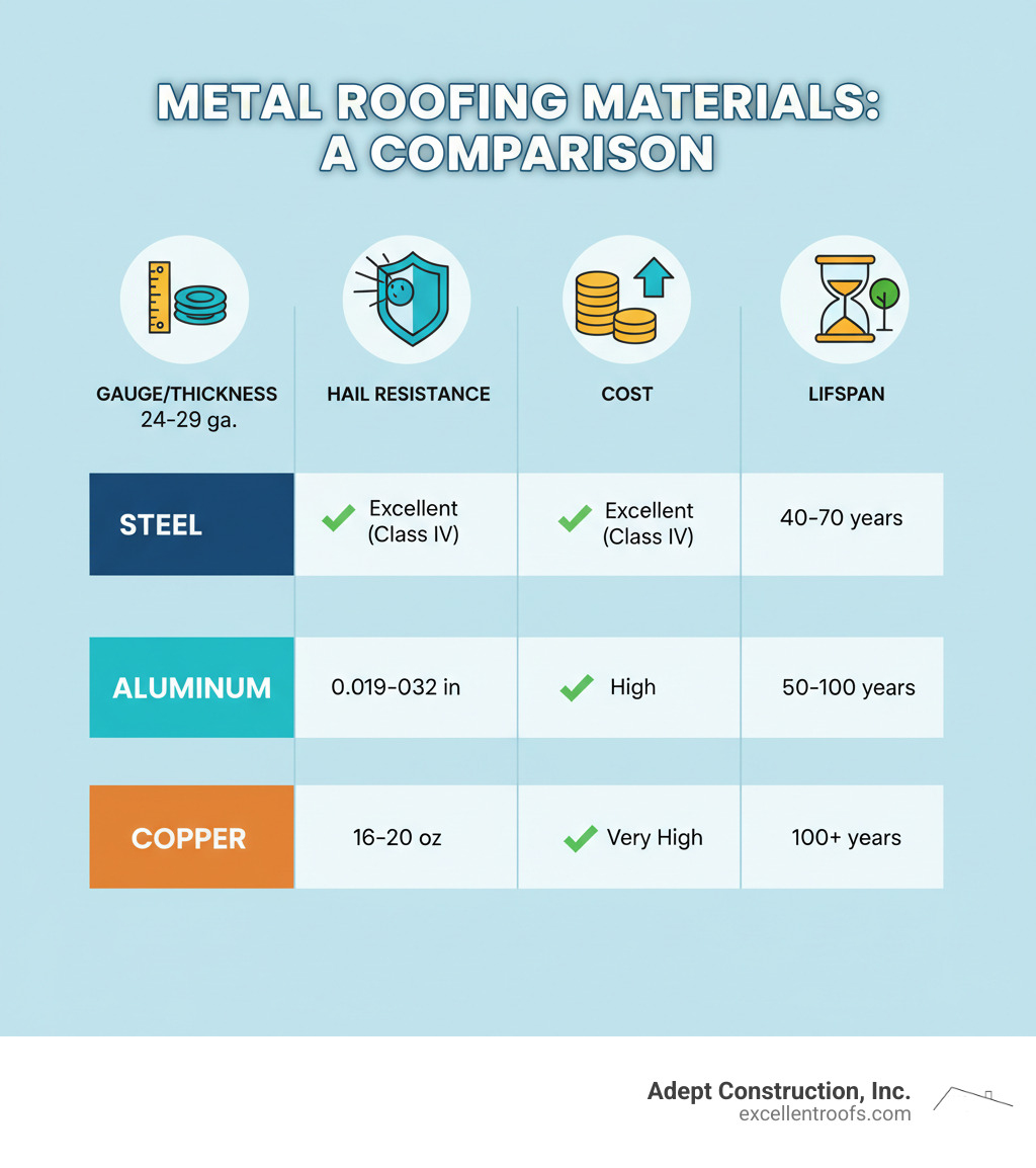 Infographic comparing different metal roofing materials (Steel, Aluminum, Copper) on Gauge/Thickness, Hail Resistance, Cost, and Lifespan - how to repair hail damage on metal roof infographic 