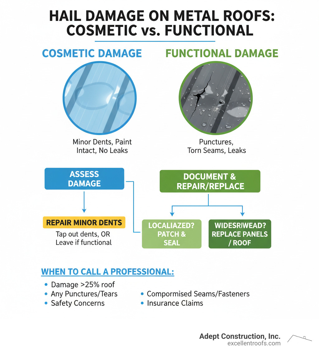 Infographic showing the difference between cosmetic and functional hail damage on metal roofs, with images of minor dents (cosmetic) versus punctures and broken seams (functional), including a decision tree for repair vs replacement - how to repair hail damage on metal roof infographic 