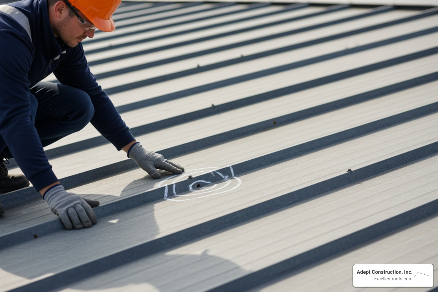Person safely inspecting a metal roof with a chalk circle around a dent - how to repair hail damage on metal roof