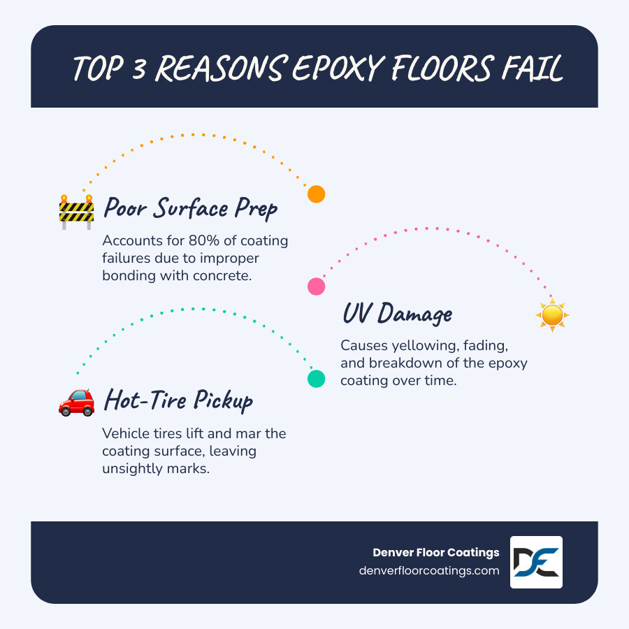 Infographic showing three circular icons: 1) A cracked surface labeled "Poor Surface Prep - 80% of coating failures", 2) A sun with rays labeled "UV Damage - Causes yellowing and breakdown", and 3) A tire leaving marks labeled "Hot-Tire Pickup - Lifts and mars the coating". Title reads "Top 3 Reasons Epoxy Floors Fail" - best non epoxy garage floor paint infographic infographic-line-3-steps-blues-accent_colors Infographic showing three circular icons: 1) A cracked surface labeled "Poor Surface Prep - 80% of coating failures", 2) A sun with rays labeled "UV Damage - Causes yellowing and breakdown", and 3) A tire leaving marks labeled "Hot-Tire Pickup - Lifts and mars the coating". Title reads "Top 3 Reasons Epoxy Floors Fail" - best non epoxy garage floor paint infographic infographic-line-3-steps-blues-accent_colors