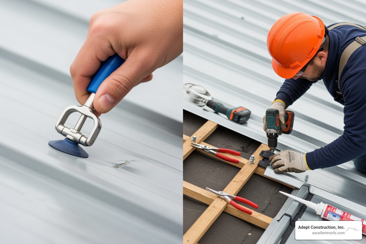 Side-by-side of a simple DIY dent repair tool and a professional roofer replacing a panel - how to repair hail damage on metal roof