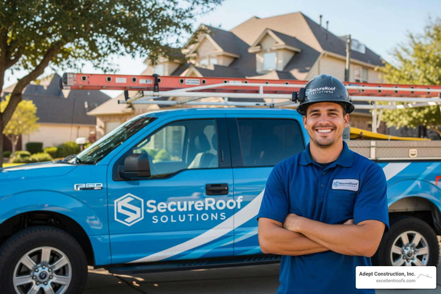 Friendly Excellent Roofs team member in front of a company truck - how to repair hail damage on metal roof