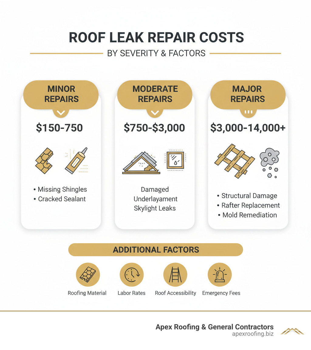 Infographic showing the breakdown of roof leak repair costs by severity: Minor Repairs ($150-$750) include missing shingles and cracked sealant; Moderate Repairs ($750-$3,000) include damaged underlayment and skylight leaks; Major Repairs ($3,000-$14,000+) include structural damage, rafter replacement, and mold remediation. Additional factors listed: roofing material, labor rates, roof accessibility, and emergency fees. - roof leak repair estimate infographic 