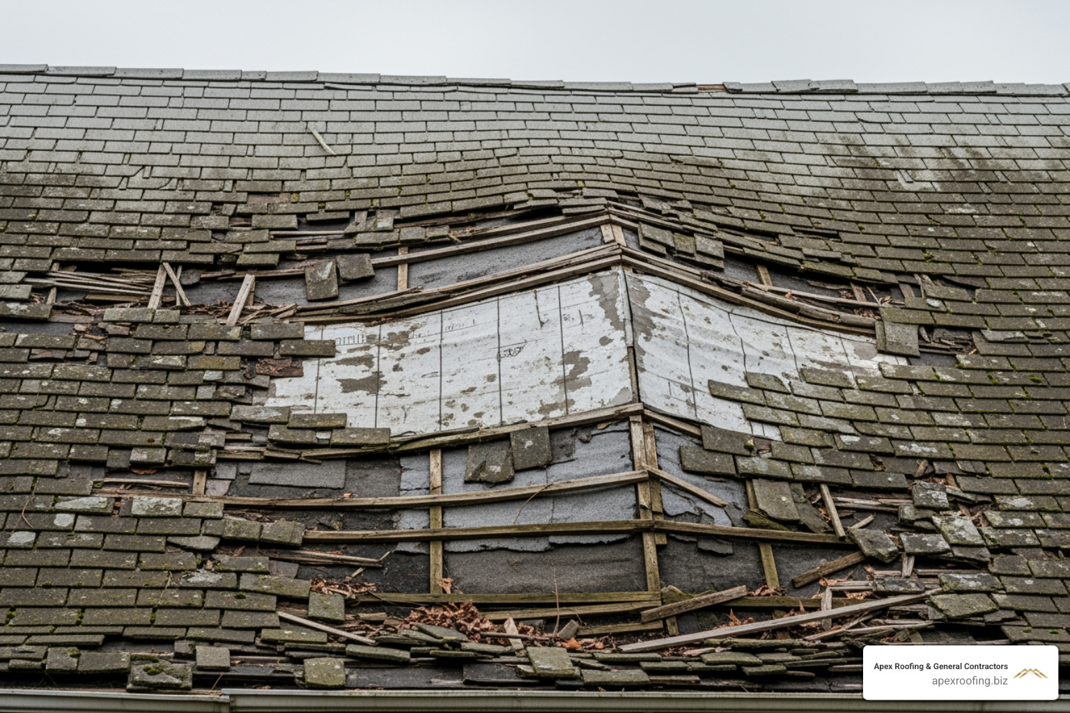 Image of an old, deteriorating roof with widespread damage. - roof leak repair estimate