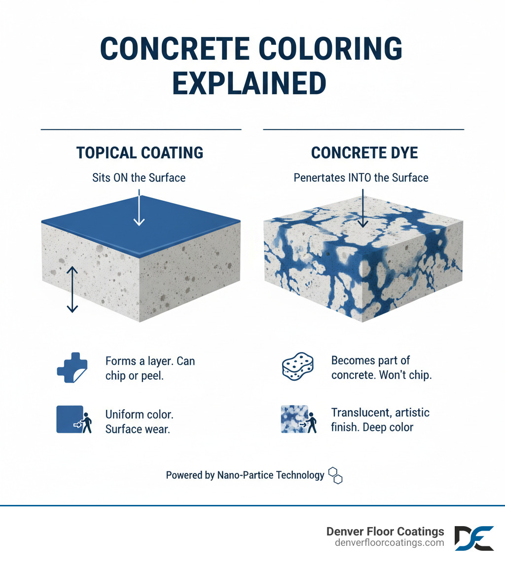 infographic explaining the difference between a topical coating and a dye by showing how each interacts with the concrete surface - concrete dye stain infographic infographic explaining the difference between a topical coating and a dye by showing how each interacts with the concrete surface - concrete dye stain infographic