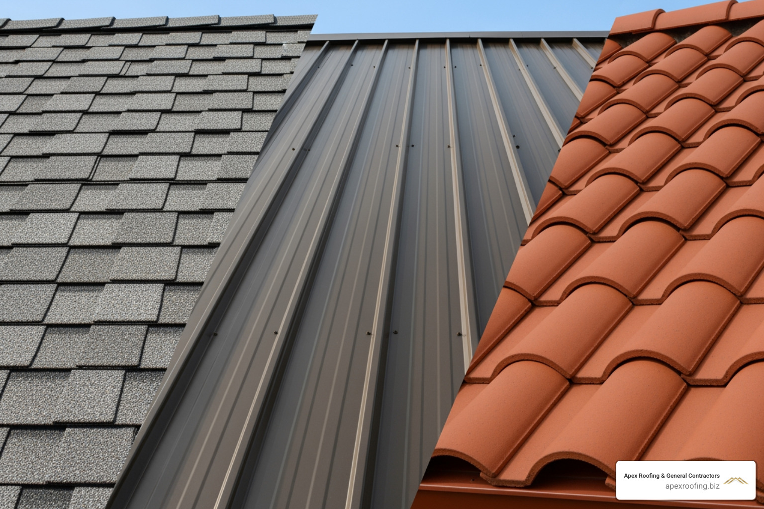 Image showing a side-by-side comparison of different roofing materials like asphalt shingles, metal, and tile. - roof leak repair estimate