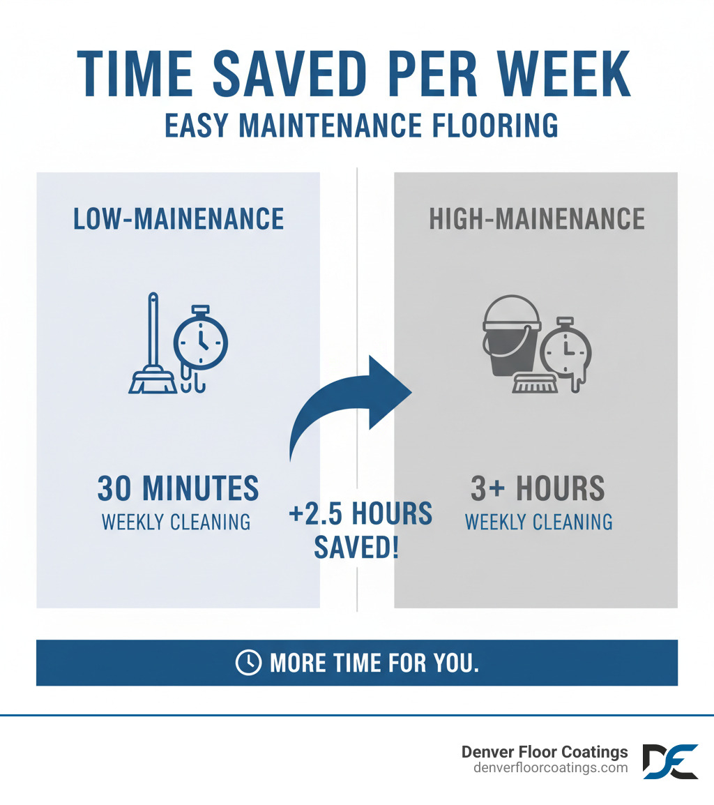 infographic explaining the time saved per week with low-maintenance flooring compared to high-maintenance options like unfinished concrete or traditional carpet. - easy maintenance flooring infographic infographic explaining the time saved per week with low-maintenance flooring compared to high-maintenance options like unfinished concrete or traditional carpet. - easy maintenance flooring infographic