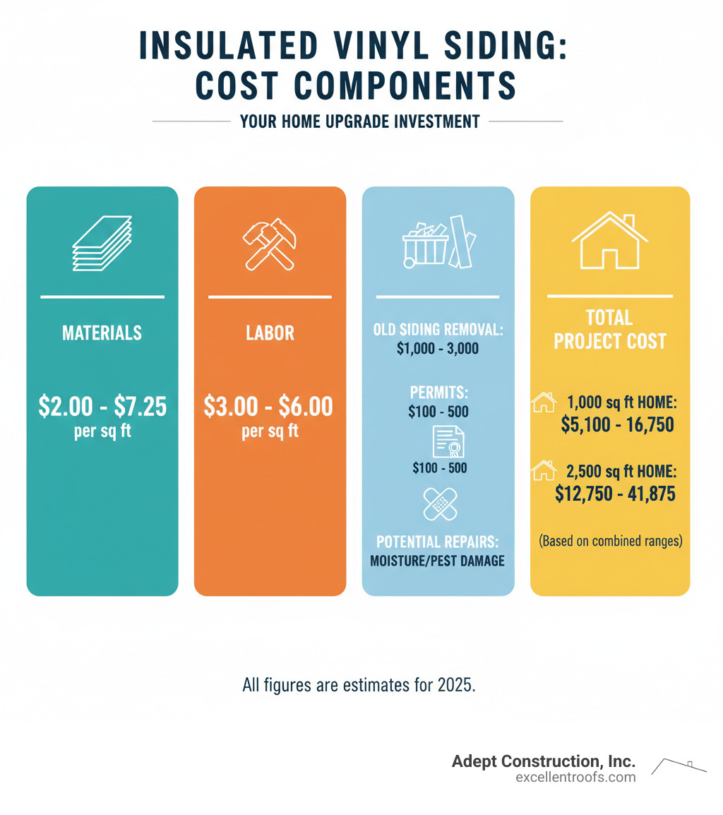 Comprehensive breakdown showing insulated vinyl siding cost components including material costs ranging from $2-$7.25 per square foot, labor costs of $3-$6 per square foot, and additional expenses like old siding removal ($1,000-$3,000), permits ($100-$500), and potential repair costs for moisture or pest damage, with total project costs for common home sizes from 1,000 to 2,500 square feet - insulated vinyl siding cost per square foot infographic 