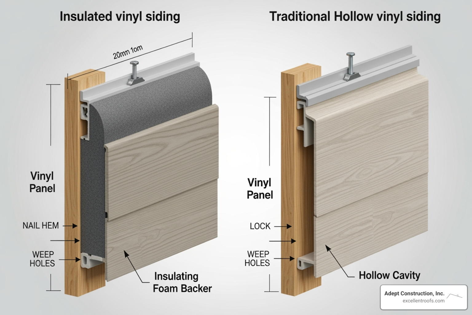 Cross-section comparing insulated and traditional vinyl siding - insulated vinyl siding cost per square foot