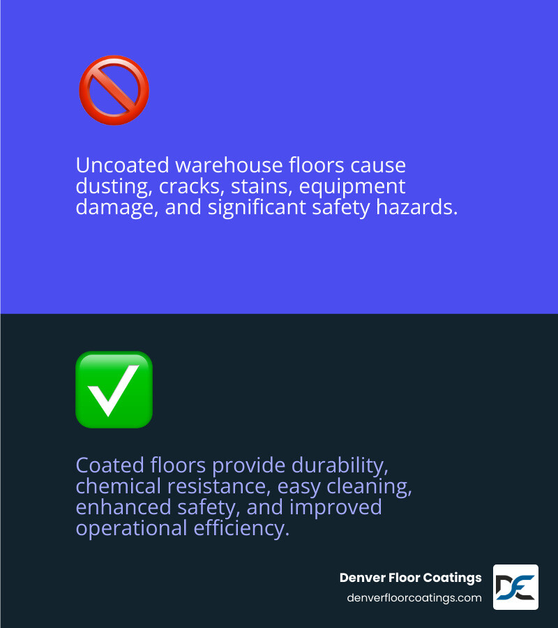Infographic comparing uncoated warehouse floors showing concrete dust, cracks, oil stains, and safety hazards versus coated warehouse floors featuring durable sealed surface, chemical resistance, easy cleaning, and slip-resistant finish with forklift traffic - warehouse floor coating infographic 2_facts_emoji_blue