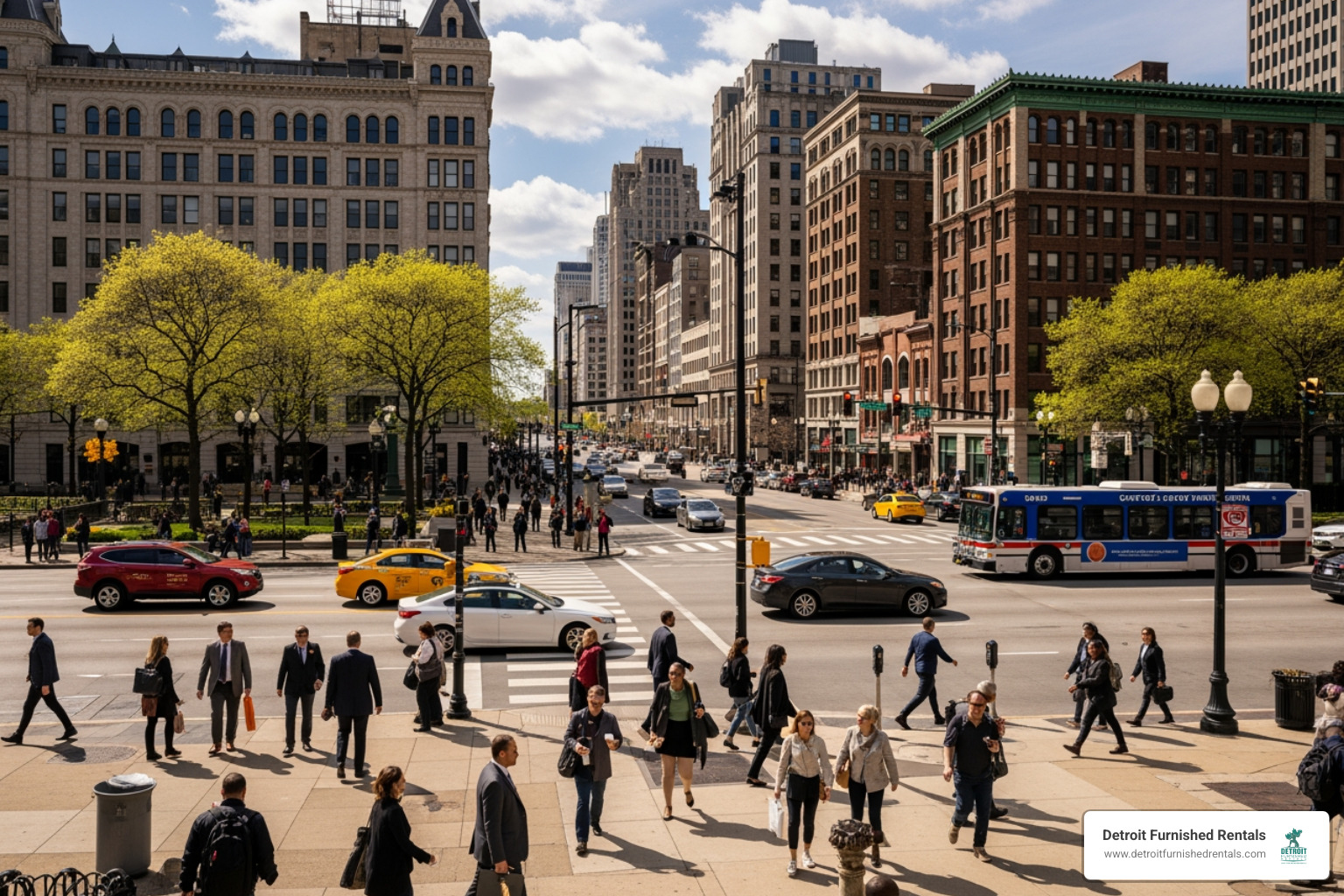 busy street scene capitol park - downtown detroit housing