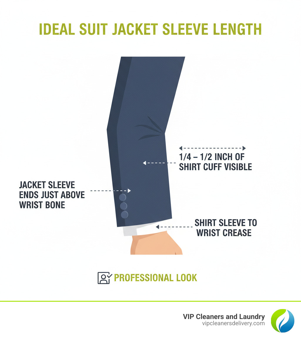 Infographic showing a suit jacket sleeve with measurements: jacket sleeve ending just above wrist bone, 1/4 to 1/2 inch of shirt cuff visible below jacket cuff, shirt sleeve extending to wrist crease, and ideal proportions for a professional look - tailoring suit jackets sleeve length infographic 