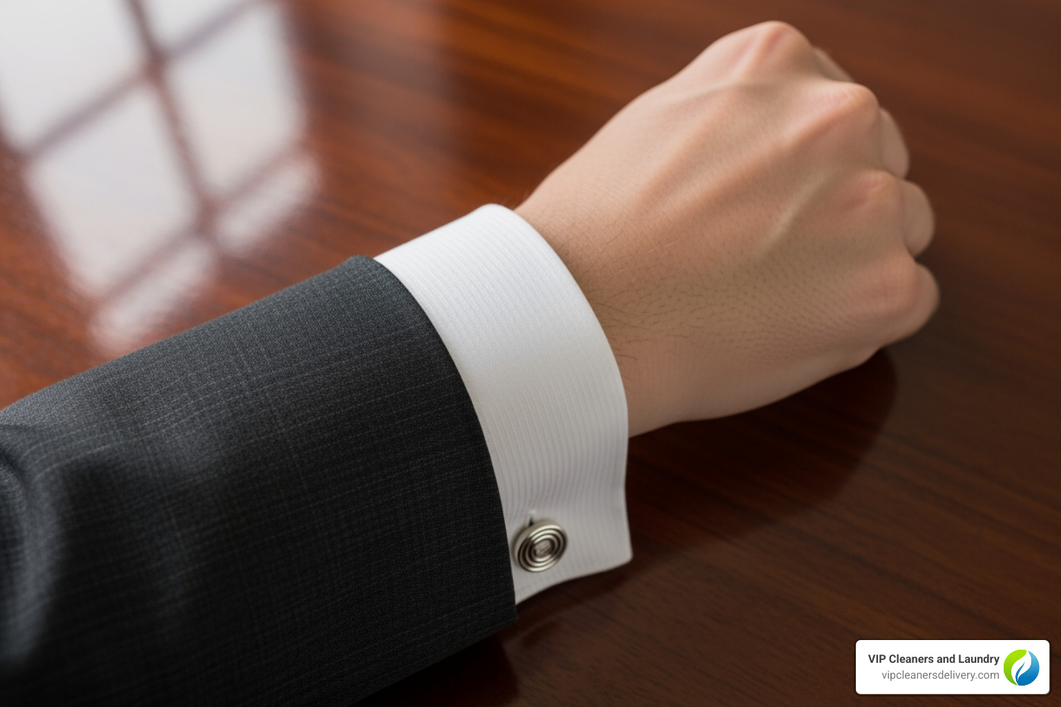 A close-up on a man's wrist showing the ideal 1/4 to 1/2 inch of shirt cuff visible past the jacket sleeve. - tailoring suit jackets sleeve length