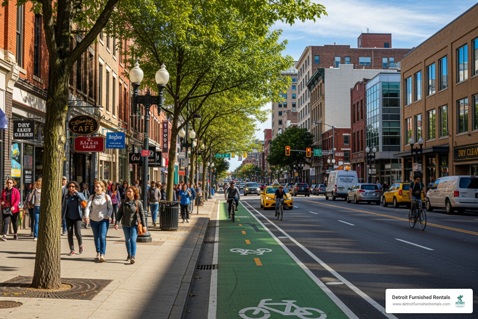 A street view in New Center showing sidewalks and a bike lane - Henry Ford Hospital apartments
