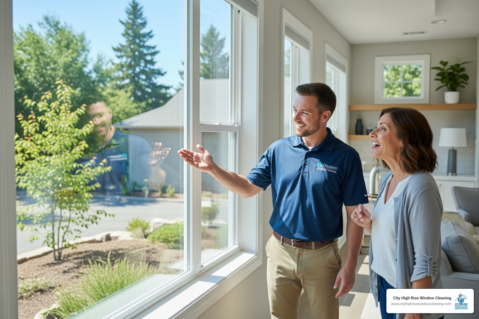 Friendly, uniformed window cleaner showing a homeowner a spotless window. Alt text: "Home window washing service professional in NYC." - home window washing service Friendly, uniformed window cleaner showing a homeowner a spotless window. Alt text: "Home window washing service professional in NYC." - home window washing service